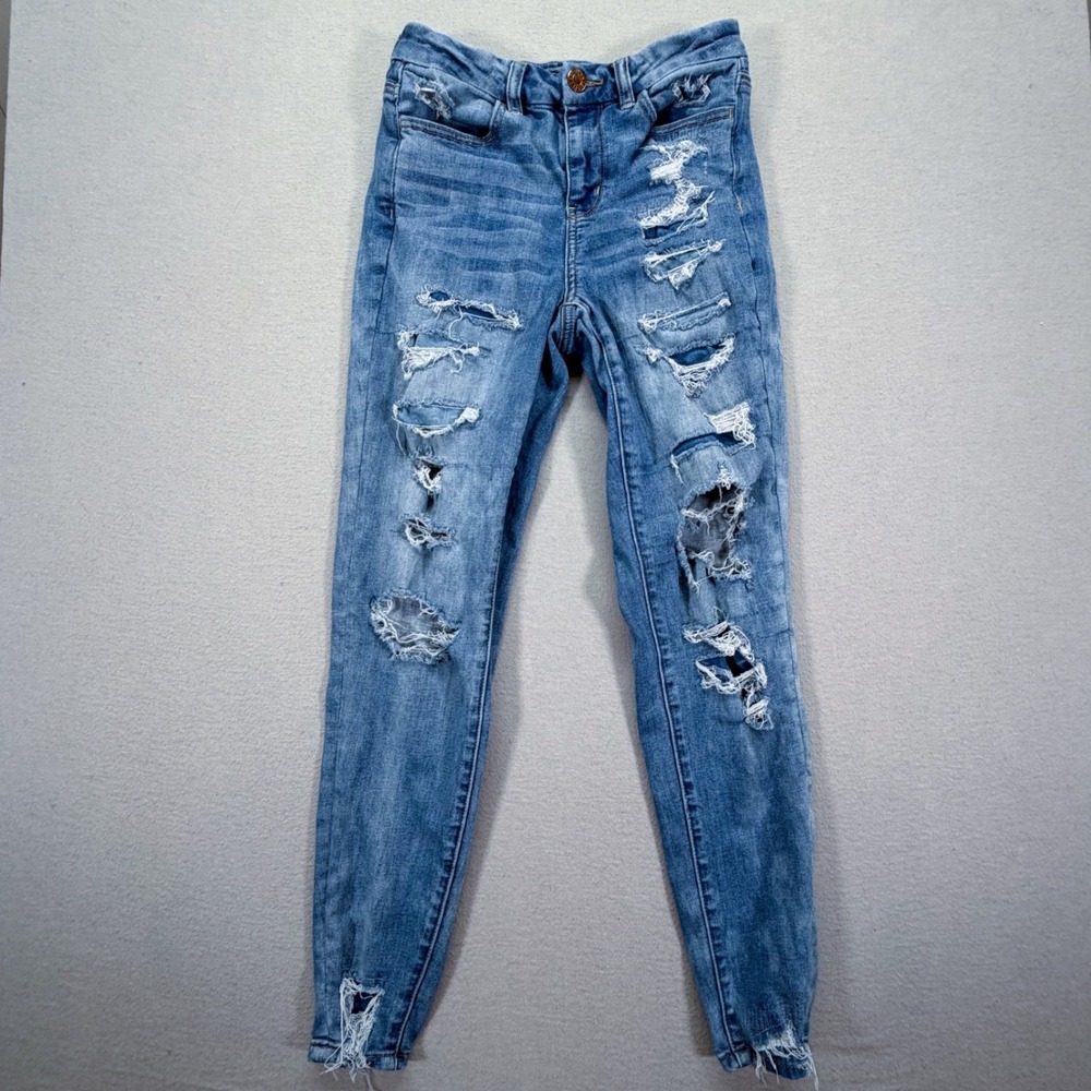 American Eagle Womens Jegging Curvy Hi-Rise Blue Distressed Ripped Size‎ 2